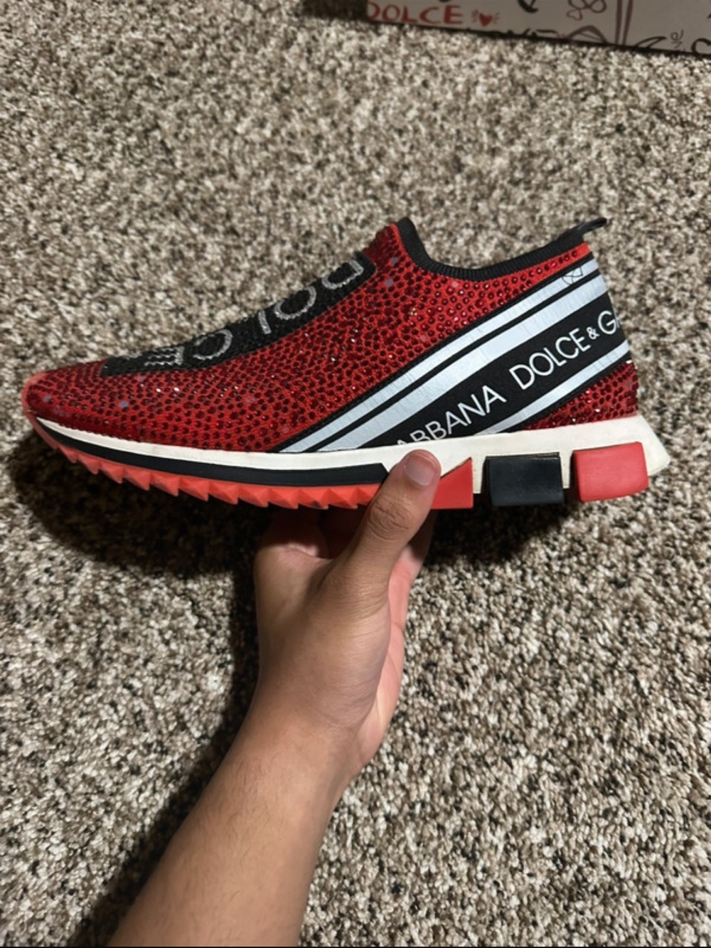 Dolce & Gabbana Red Crystal Slip-On Logo Running Sneaker